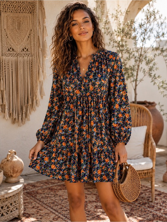 kirundo Dresses & Skirts - Kirundo Floral Boho Tunic Dress in Navy with Orange & Blue Flowers